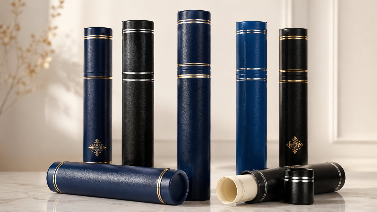 Edle Diplomrollen in verschiedenen Farben mit Goldprägung und Wappen