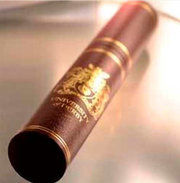 Certificate scroll detail – gold embossing with university crest